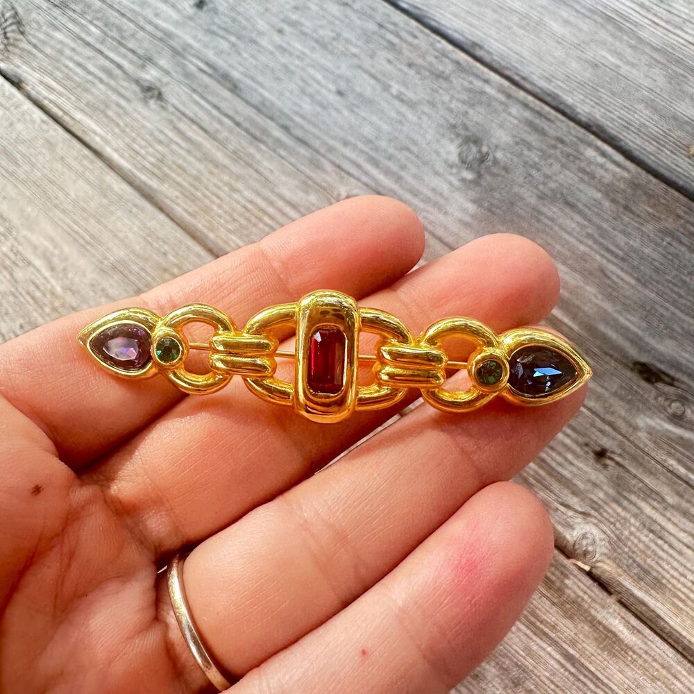 Vintage Gold-Tone Brooch with Red and Purple Stones
